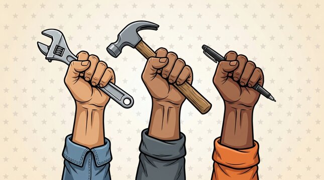 Diverse hands raised in solidarity holding a wrench hammer and pen representing labor unity.