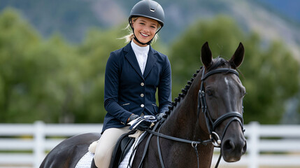 Fototapeta premium A realistic commercial stock photo of a Caucasian young female rider of about twelve sitting proudly on a calm bay horse in a competition arena after receiving a plain ribbon roset