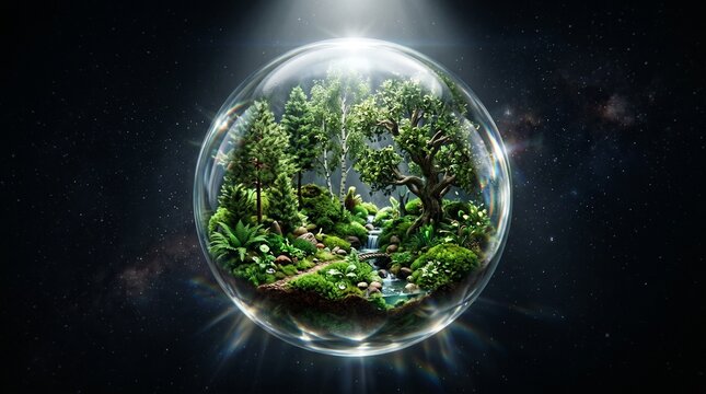 Transparent glass sphere containing a miniature thriving forest with tiny trees and moss, floating in dark void with dramatic spotlight from above creating refraction patterns, magical realistic style