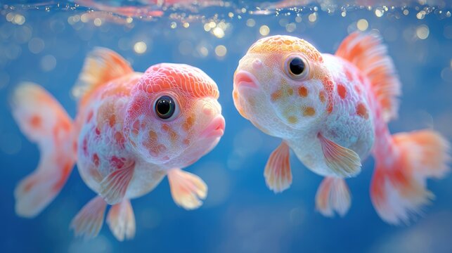 Two cute round goldfish swimming in blue water.