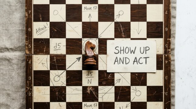 Chess board with knight and motivational message