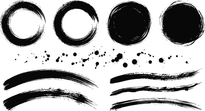 Black ink brush strokes and paint splatter vector illustration set including textured circles and grunge lines on transparent background for creative graphic design and artistic projects.