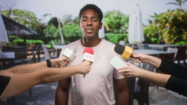 Man speaking into multiple microphones and a smartphone held by reporters on a restaurant patio outside a building; press scrutiny calm.