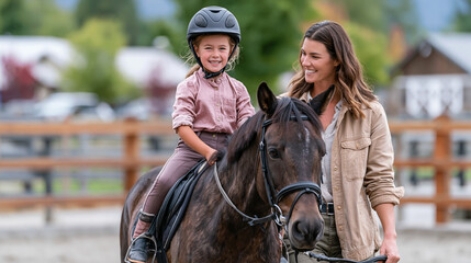 Obraz premium A realistic commercial stock photo of a Caucasian young girl of about eight riding her first horseback lesson in a fenced outdoor arena, wearing a black safety helmet, pink riding