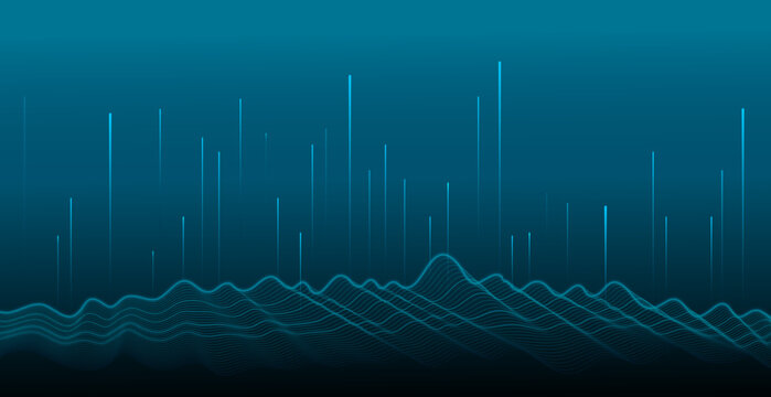 Abstract digital technology background featuring an undulating dotted wave structure, representing data flow or a network, with glowing vertical light beams rising upwards into a dark blue gradient.