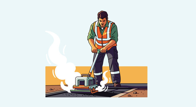 Worker compacts ground with a compactor machine