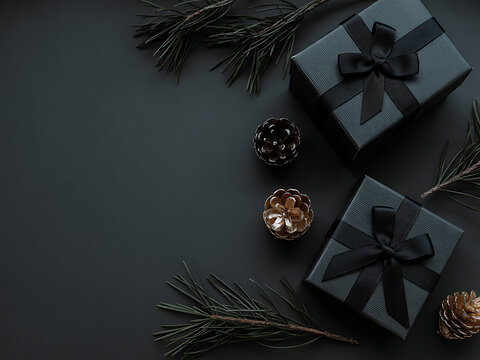 Two black gift boxes with ribbons and pine branches on dark background for christmas or holiday decoration ideas