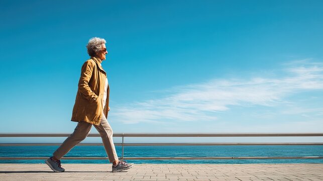 Lifestyle image featuring senior woman walking energetically by the sea on a bright coastal promenade. Ideal for wellness campaigns, fitness promotion, aging active visuals