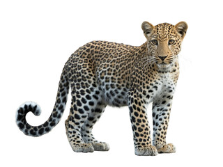 Naklejka premium Majestic Leopard Stance A Captivating Portrait of a Wild Cat with Distinctive Spotted Coat