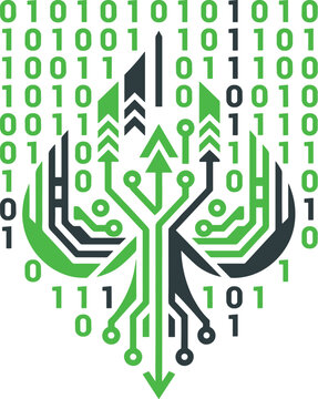 Abstract Digital Circuit Logo Design With Binary Code Background In Green And Dark Grey Colors