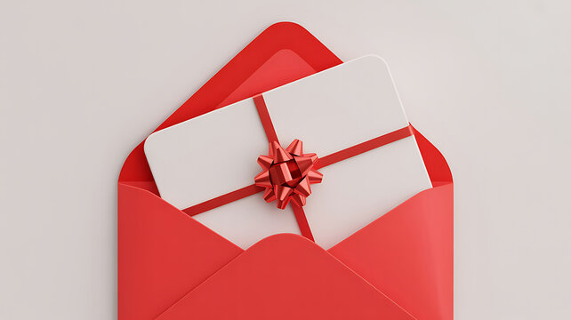A red envelope with a white gift card and red ribbon tied in a bow on a light gray background for valentines day or christmas