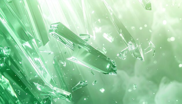 明るい光の中で薄緑色の美しいクリスタルの結晶が幻想的に浮遊する背景イラスト素材