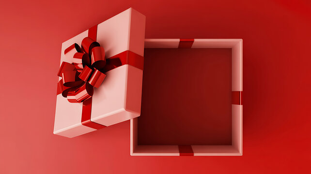 A pink gift box with a red ribbon on a red background, opened to reveal an empty interior with a bow on top of the lid