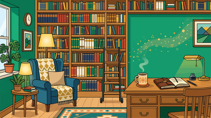 Cozy library interior with armchair desk and bookshelves filled with books. © Emala