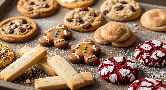 Assorted homemade baked cookies and shortbread on baking sheet