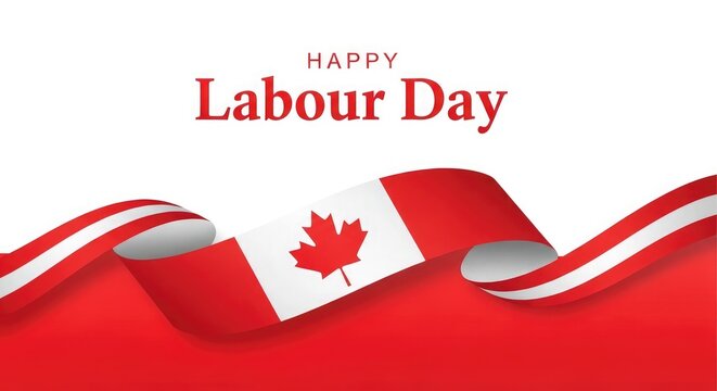 Happy labour day canadian flag ribbon banner for september holiday celebrations and promotional graphics