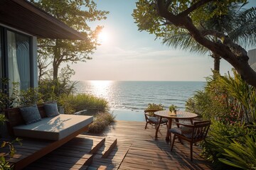 Fototapeta premium Luxury coastal villa with ocean views, tropical vegetation, modern architectural design creating relaxing vacation atmosphere. Perfect for tourism marketing, high end hospitality projects