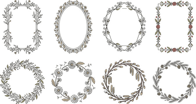 Elegant Floral Wreath and Frame Vector Set with Botanical Leaves, Flowers, and Berries for Design