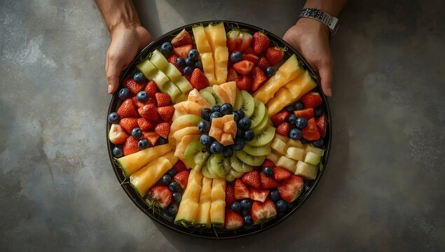 Vibrant oval fruit platter artfully arranged with fresh berries and sliced fruits