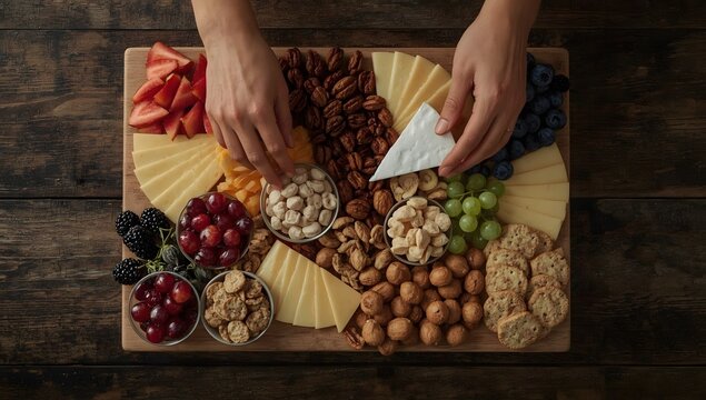 Hands arranging a delicious and colorful charcuterie board with cheese and fruits