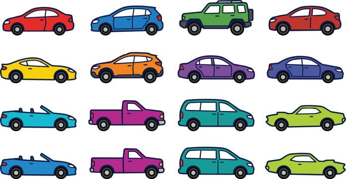 Colorful seamless pattern of cars trucks buses and vans vector illustration set of vehicles and transport icons design