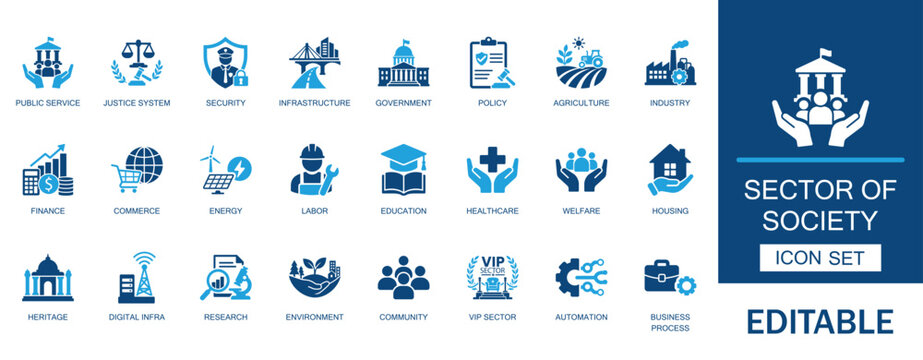 Sector of society icon set. Featuring public service, infrastructure, agriculture, finance, education, healthcare, digital infra, and environmental protection symbols.