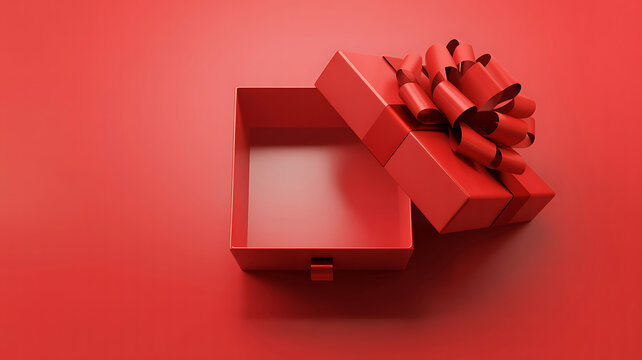 A red gift box with a ribbon on a red background, opened to reveal an empty interior, symbolizing a present