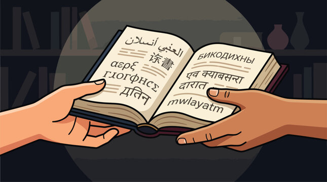 Two hands holding an open book with text in multiple languages.