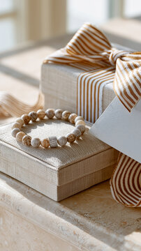 Luxury Gift Box with Ribbon and Elegant Jewelry Bracelet for Premium Celebration, Luxury Gift Box with Ribbon for Holiday Gifting, Wedding Present, Birthday Surprise and Luxury Lifestyle Concept
