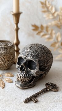 Ornate Skull and Antique Key with Vintage Engraved Details and Gothic Still Life Styling, Ornate Skull and Antique Key for Dark Academia Decor, Mystery Symbolism and Victorian Gothic Art Concept