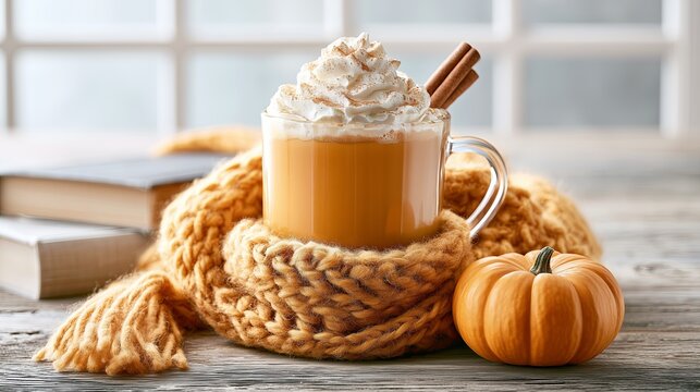 Pumpkin Spice Latte Cozy Autumn Drink with Whipped Cream, Cinnamon Stick and Knitted Scarf, Pumpkin Spice Latte Cozy Autumn Drink for Fall Season Comfort, Hygge Lifestyle and Seasonal Beverage Concept