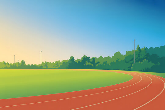 A red running track with white lines on a green field with trees and a blue sky in the background at sunrise or sunset
