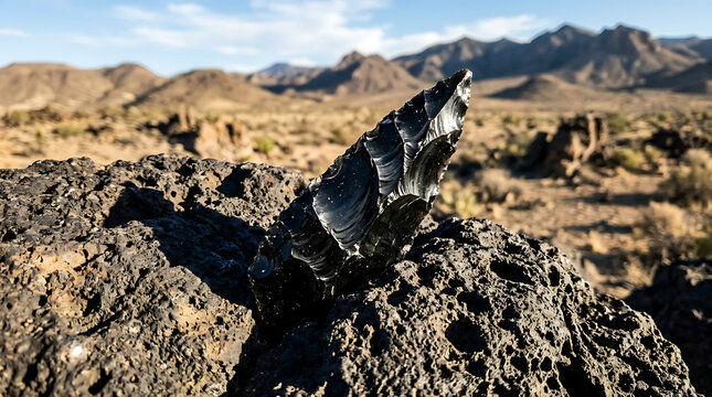 Sharp black obsidian volcanic glass shard resting on rough rocky surface in arid desert landscape