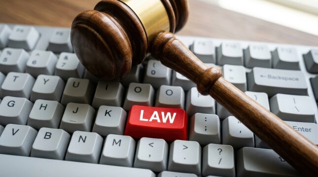 A wooden judge's gavel resting on a computer keyboard with a red law key highlighted prominently.