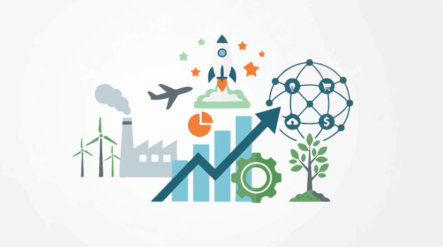 A colorful infographic illustration of eco-friendly business growth and sustainable development