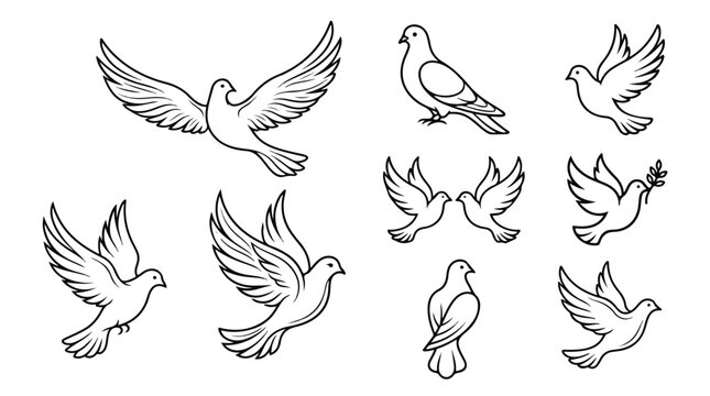 Peace Dove Vector Icons Set: White Flying Birds, Symbolizing Hope, Freedom, and Tranquility, Ideal for Graphic Design Projects