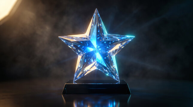 Luxury Crystal Star Trophy Glowing Under Dramatic Spotlight on Dark Background