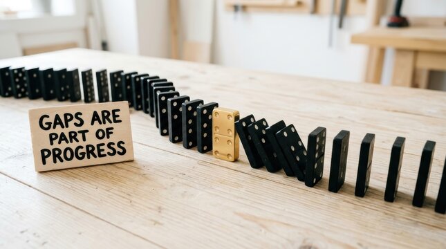 Golden domino interrupts falling black dominoes in a line