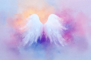 Obraz premium Soft watercolor illustration of heavenly delicate angels wings on pastel background. Perfect for religious invitations, greeting cards and inspirational design projects