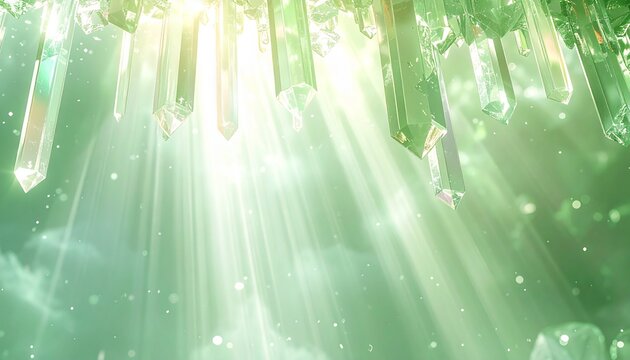 新緑の光が降り注ぐ空から降り落ちる無数の淡い緑色の結晶と虹のファンタジー背景