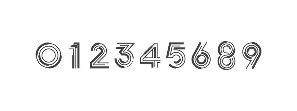 A set of modern, minimalist numbers 0, 1, 2, 3, 4, 5, 6, 8, 9 designed with parallel lines and segmented forms, ideal for digital interfaces, tech, and creative projects.