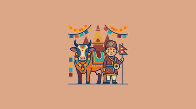 Nepalese Boy with Decorated Cow and Flag Illustration