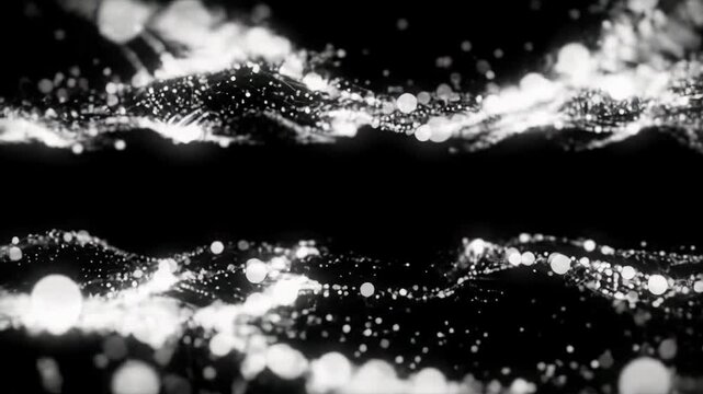 Luminous white particles of varying sizes gracefully flow, swirl, and drift in ultra-slow motion across a pure black void with exquisite bokeh effects, suggesting intricate data interaction and