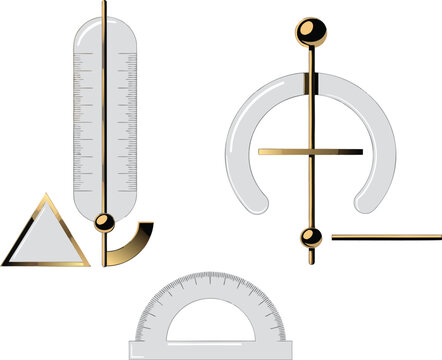 Scientific Instruments: Thermometer, Protractor, and Geometric Shapes vector illustration