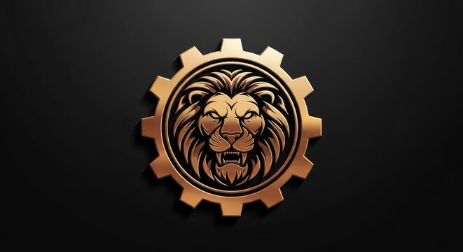 Golden lion head inside a metallic gear wheel.