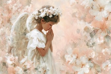 Obraz premium Watercolor postcard First Holy Communion invitation angel and beautiful flowers on pastel background with copy space. for religious greeting cards, church celebrations, elegant stationery design