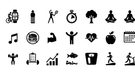 Obraz premium Collection of fitness health wellness black icons with wellness exercise lifestyle nutrition training silhouette activity