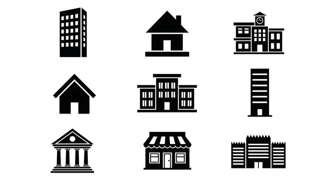 Set of black and white building and architecture icons with real estate building architecture commercial residential structure construction property apartment collection
