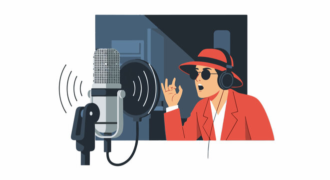 A person in a red jacket and headphones speaks into a microphone