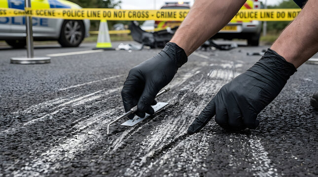 Forensic investigator measuring skid marks with photo scale at car accident crime scene